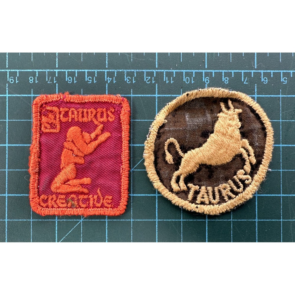 Vintage Taurus Zodiac Patch Set Embroidered Bull Creative Retro 70s Sew On Lot